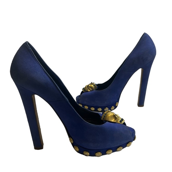 Alexander McQueen Blue Suede Skull Studded Platform Peep Heels 36 - Picture 12 of 12